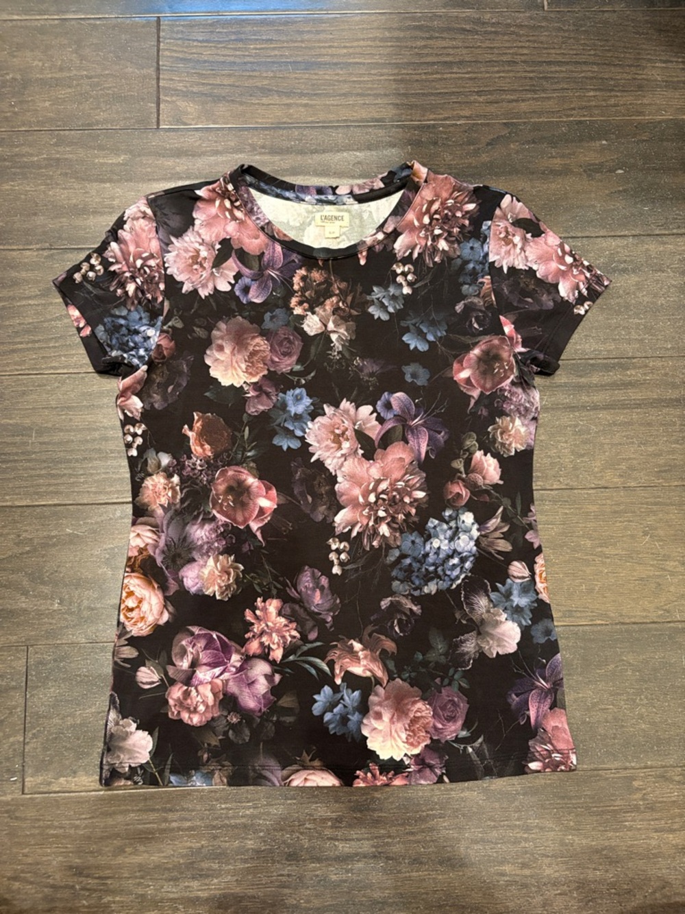 L'AGENCE Black Floral Short Sleeve Tee with Pink and Blue Blooms NWOT Size Small